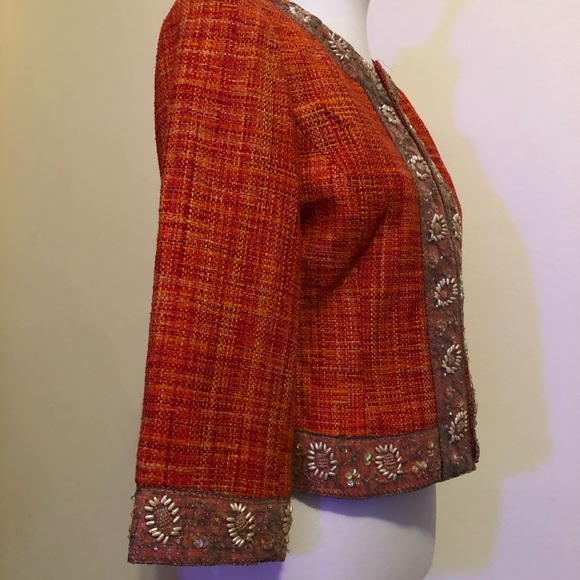 Josephine Chaus Orange Tweed Beaded Blazer Jacket - Picture 12 of 14